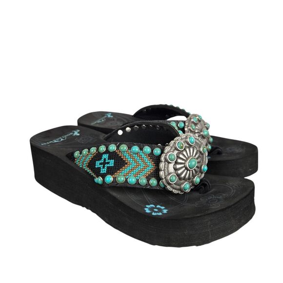 Montana West Foam Wedge Flip Flop Sandals 6 Medallion Turquoise Western Cowgirl - Picture 3 of 11